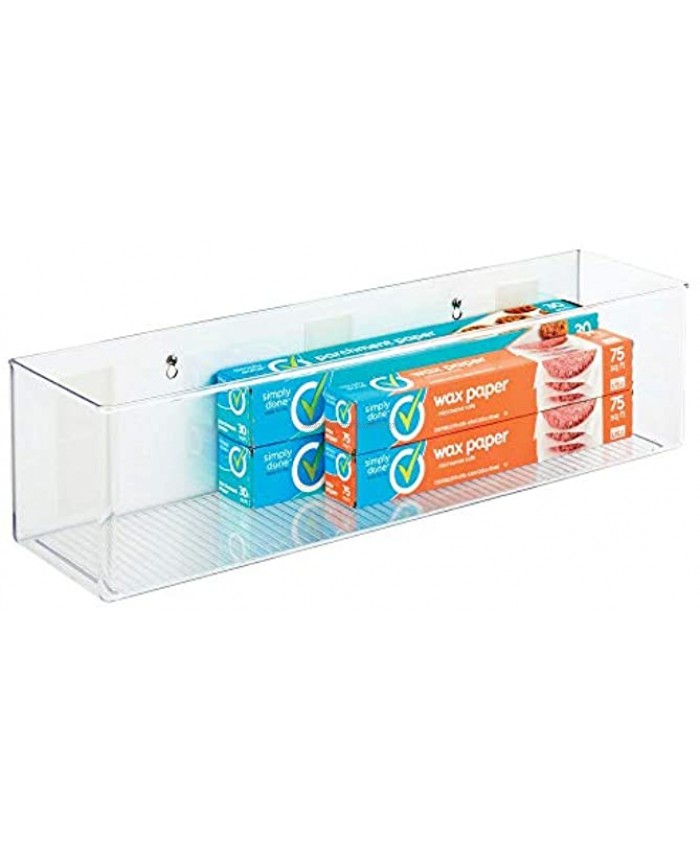 mDesign Adhesive Cabinet Storage Organizer Tray Bin Modern Plastic Wide Hanging Shelf Basket for Walls Doors in Kitchen Pantry Clear