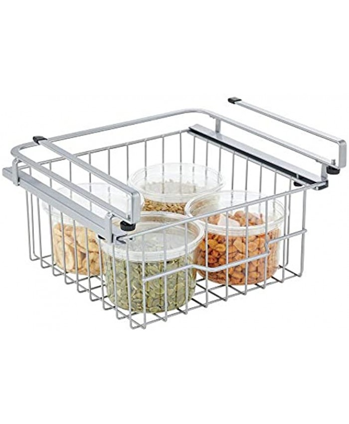 mDesign Compact Hanging Pullout Drawer Basket Sliding Under Shelf Storage Organizer Metal Wire Attaches to Shelving Easy Install for Kitchen Pantry Cabinet Silver
