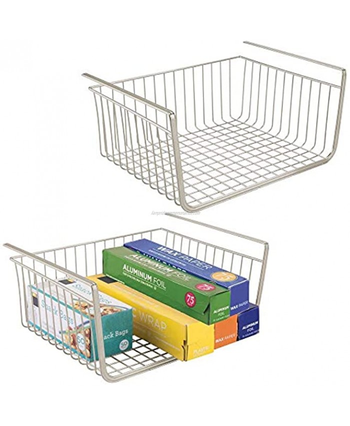 mDesign Household Metal Under Shelf Hanging Storage Bin Basket with Open Front for Organizing Kitchen Cabinets Cupboards Pantries Shelves Large 2 Pack Satin
