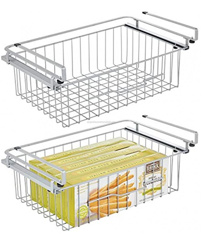 mDesign Large Metal Wire Hanging Pullout Drawer Basket Sliding Under Shelf Storage Organizer Attaches to Shelving Easy Install 2 Pack Silver