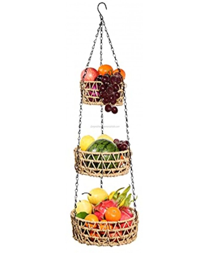 Merysen Hanging Fruit Basket 3 Tier Paper Rope Woven Vegetable Storage and Fruit Organizer Chain Adjustable Macrame Hanging Baskets for Kitchen Countertop Space Saver Beige