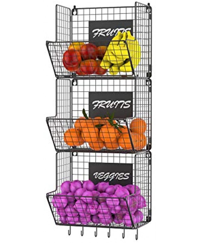 Miyili 3-Tier Wall Mounted Hanging Wire Baskets with Hanging S-Hooks Chalkboards Rustic Kitchen Fruit Produce Bin Rack Bathroom Tower Baskets Black