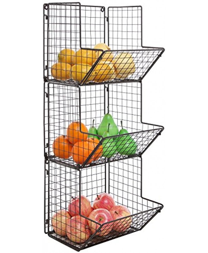 MyGift Rustic Brown Metal Wire 3 Tier Wall Mounted Kitchen Fruit Produce Bin Rack Bathroom Towel Baskets