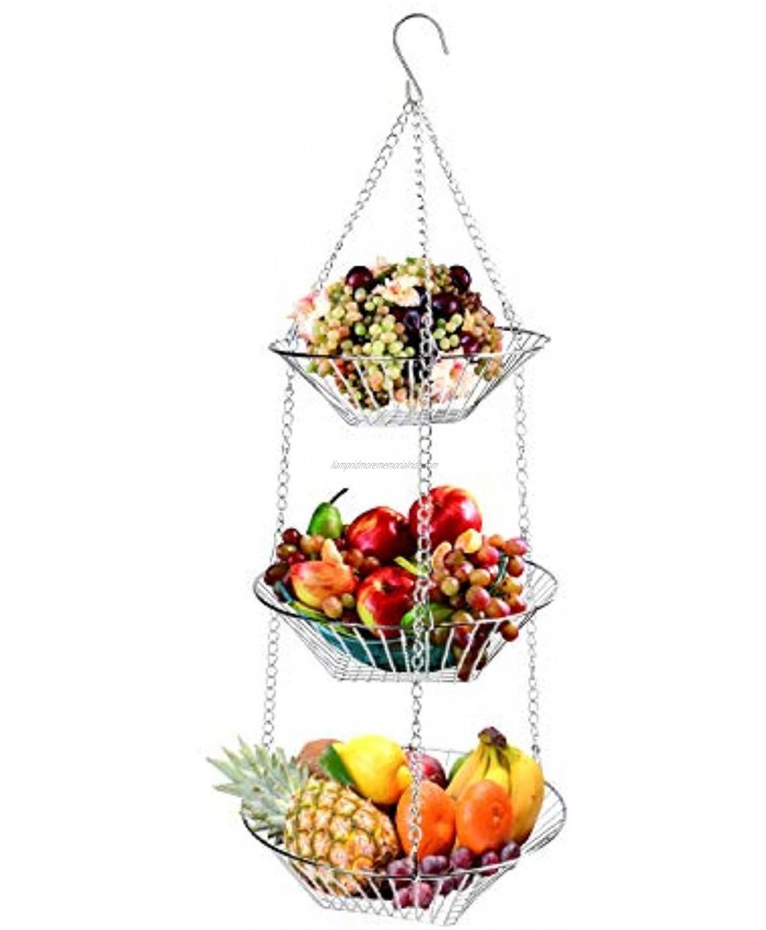 Tebery 3-Tier Chrome Hanging Basket Heavy Duty Wire Fruit Organizer with Hooks