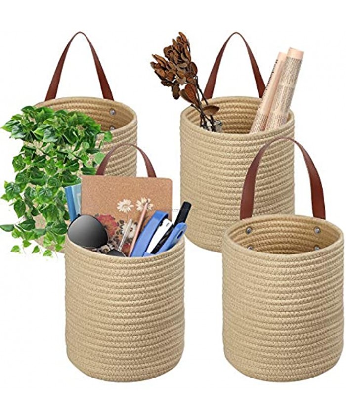 TomCare 4 Pack Hanging Baskets Wall Basket 7.9 x 6.7 Small Woven Storage Baskets Jute Woven Hanging Storage with Leather Handles Small Decorative Baskets Organizer for Plants Kitchen Office Bedroom