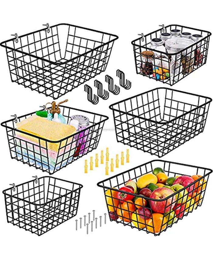 Wire Baskets 6 Pack Wire Basket for Organizing Metal Basket with Handles Wire Storage Baskets Black Organizer Bins for Pantry Kitchen Bathroom Laundry Freezer Shelf Cabinets Optional Wall-Mount