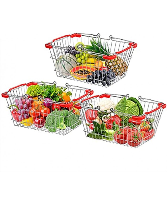Wire Storage Baskets with Handle 3 Pack Stackable Metal Storage Basket for Shopping Basket Tote Basket Countertop Food Fruit Vegetable Basket for Home Kitchen Organizer Pantry Closets Bedrooms