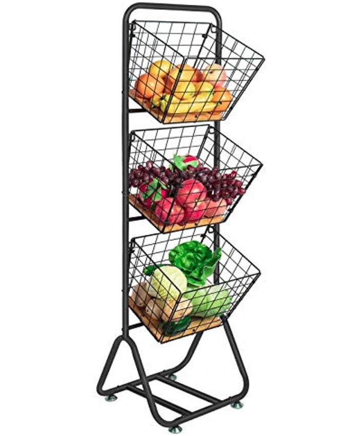 X-cosrack 3-Tier-fruit-Wire-Market-Basket-Stand Kitchen Snack Vegetable Metal baskets Storage Tiered Wire Basket Organizer Free-Standing for Fruit Vegetable Storage Pantry Bathroom Pine Wood
