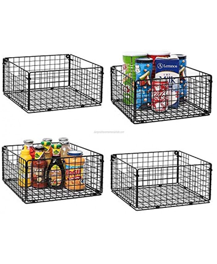 X-cosrack Foldable Cabinet Wall Mount Metal Wire Basket Organizer with Handles 4 Pack 12 x 12 X 6Farmhouse Food Storage Mesh Bin for Kitchen Pantry Laundry Closet Garage Patent Design