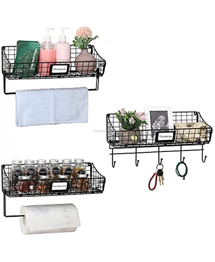 X-cosrack Wall Mounted Bin Basket with Hook Towel Bar Paper Rack 3 Pack-Floating Shelves with Tag Slot Hanging Shelf,Rustic Farmhouse Decor,Slim Storage Organization for Pantry Kitchen Bathroom