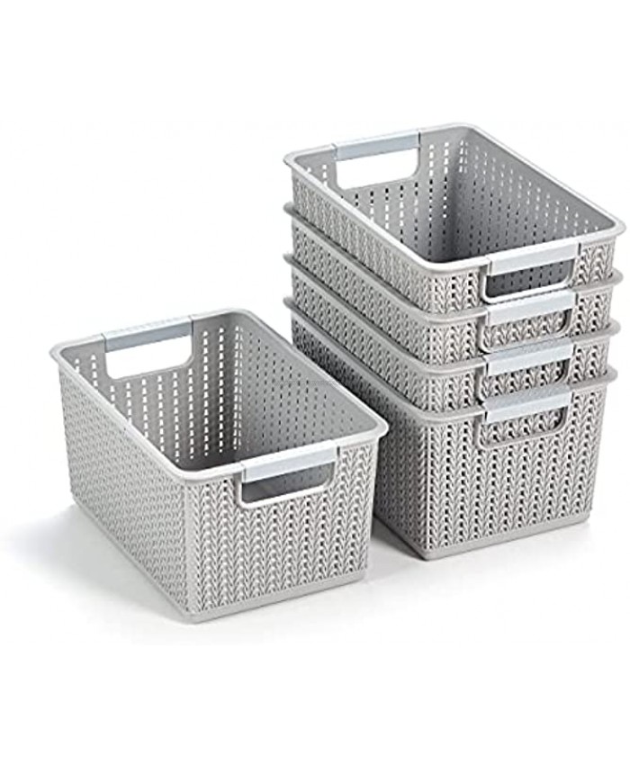 YQMM Plastic Storage Baskets Small Pantry Organizer Basket Bins Woven Organizer Bins with Handles for Classroom Bathroom Kitchen Closet Shelf Cupboard 10.72 x 7.36 x 5.51 Pack of 5 Grey