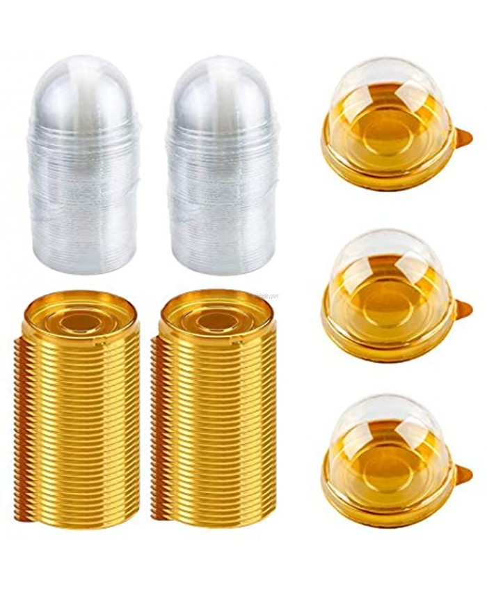 100 PCS Clear Plastic Mini Cupcake Box Round Cupcake Mooncake Dessert Container Box Cookies Muffins Dome Box for Weddings Birthdays and Other Holiday Parties Gift Box Gold