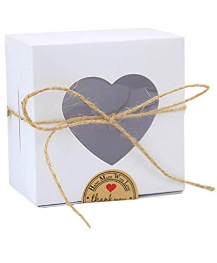50 Pack Cupcake Boxes Cookie Bakery Packing Box with Heart Shape Window,Natural White Craft Paper Boxes for Wedding Party Valentine Box with ribbon,Candy Box for Party Decoration