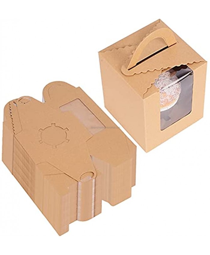 50 Pcs Single Cupcake Boxes with Window Insert and Handle,Kraft Cupcakes Containers Gift Boxes for Bakery Wrapping Wedding Birthday Party Packaging Boxes,Cupcake Holder Candy Boxes for Birthday Party