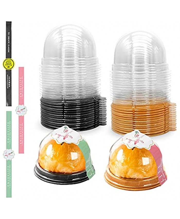 Clear Plastic Mini Cupcake Container,30Pcs Pod Dome Muffin Cupcake Container and 30Pcs Stickers,Single Cupcake Holders Individual Cupcake Containers Plastic Disposable,Black,Golden