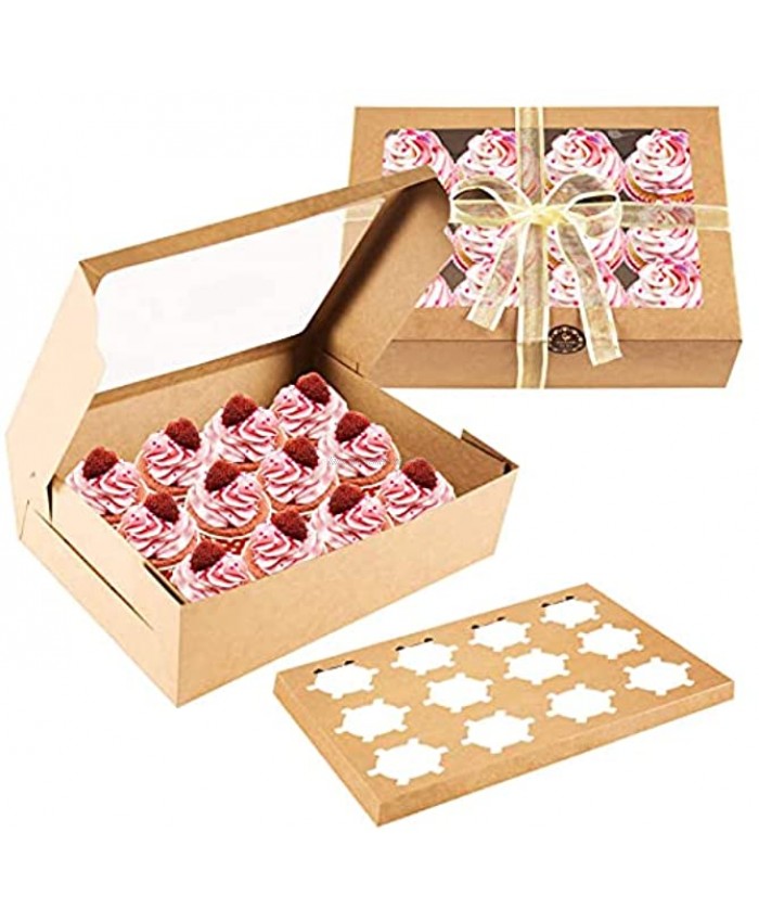 Cupcake Boxes 15 Packs Brown Bakery Cupcake Boxes with Windows and 12 Removable Inserts for Dozen Standard Cupcakes Muffins and Pastries