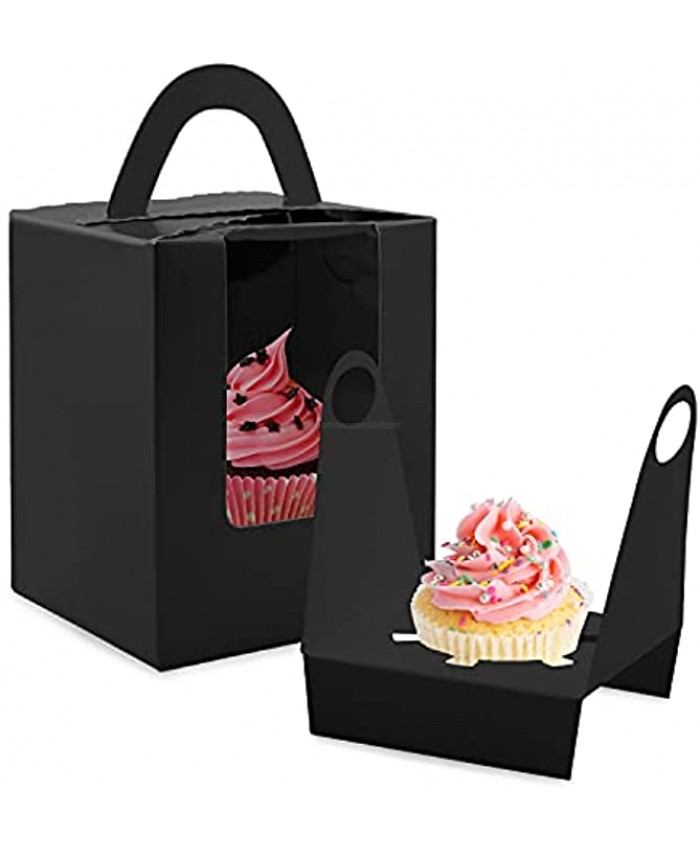 Cupcake Boxes 30 Pcs Single Cupcake Boxes Individual Cupcake Containers Muffins Cupcake Carriers Kraft Pastry Containers with Insert and Window & Handle for Wedding Birthday Parties Black