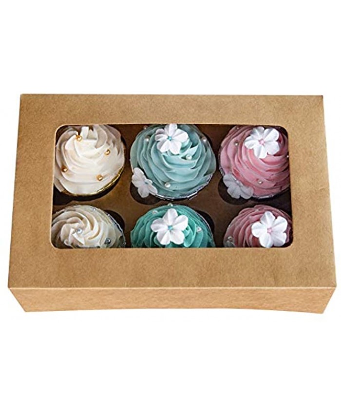 Cupcake Boxes with Inserts 6 Holders,9x6x3inch Large Brown Kraft Standard Bakery Boxes with Window Food Grade Cake Carrier Container for Muffins Gift Treat Box Bulk,Pack of 15