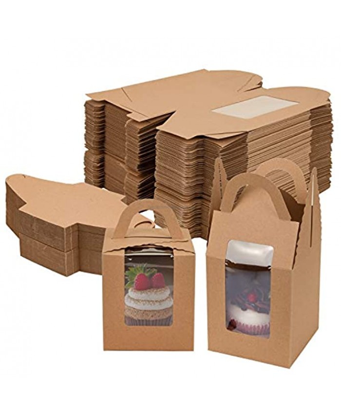 Jucoan 100 Pack Brown Individual Cupcakes Boxes with Window and Handles Single Kraft Paper Cupcake Containers for Party Baby Shower