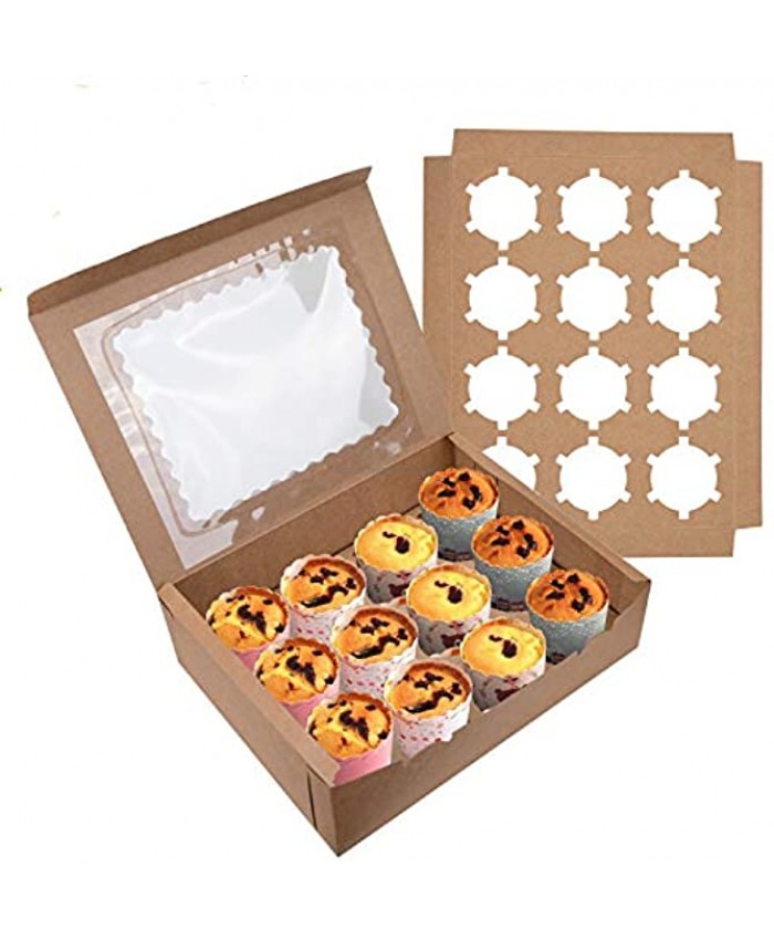 Jucoan 20 Pack Kraft Cupcake Boxes Containers with Clear Display Window Brown Cake Trays Holder for Cookies Muffins Pastries Holding 12 Standard Cupcakes for Mother's Day Father's Day Party