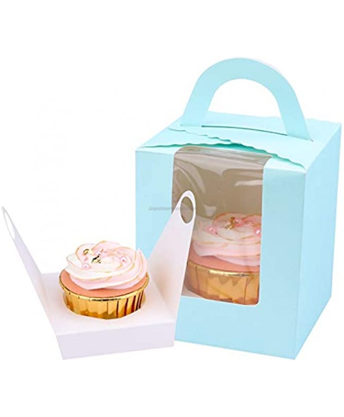 SERJOOC Blue Individual Cupcake Boxes 50Pcs Single Cupcake Containers Cupcake Carrier Holder with Window Inserts and Handle for Bakery Wrapping Packaging