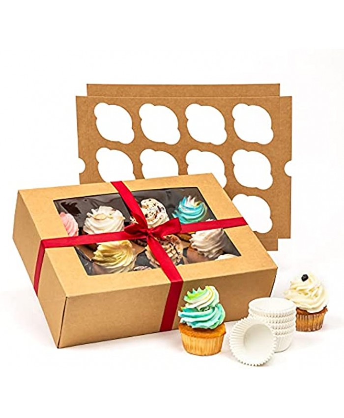 SMIRLY Cupcake Boxes 12 Count: Disposable Cupcake Containers 12 Count Cupcake Holder with Lid Cupcake Carrier Bakery Boxes with Window Pastry Boxes Brown Cookie Boxes with Window Long Treat Boxes