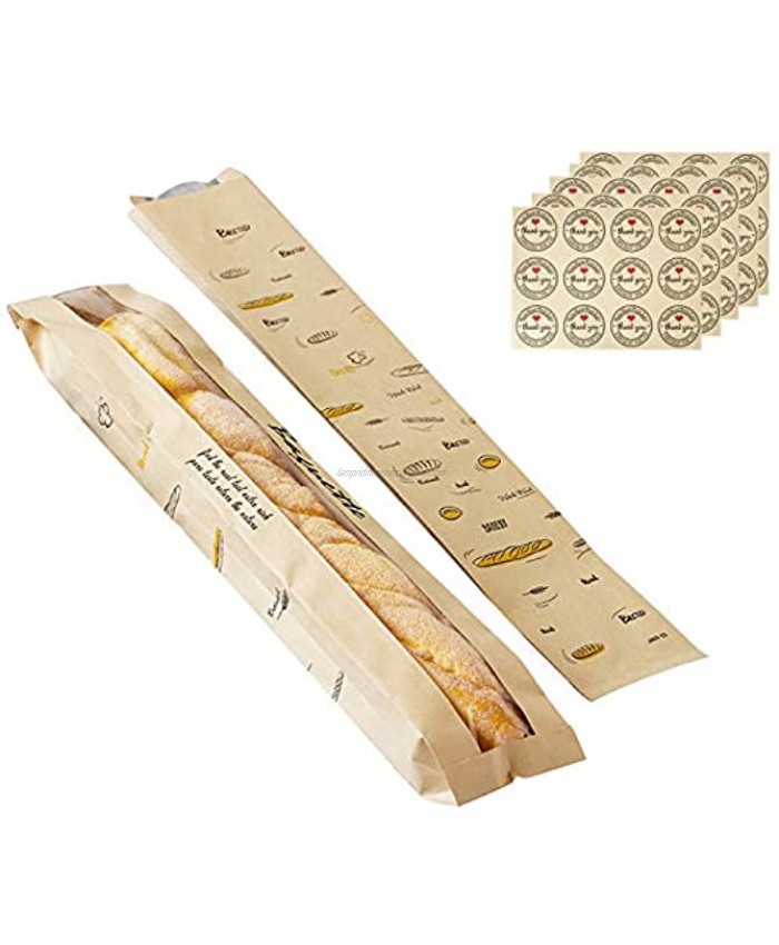 50 Pack Baguette Bread Fresh Kraft Paper Bag Bread Loaf Packing Bags with Front Breathable Hole Window 4x 1.6x 23.6 and 60 Pieces Seal Stickers