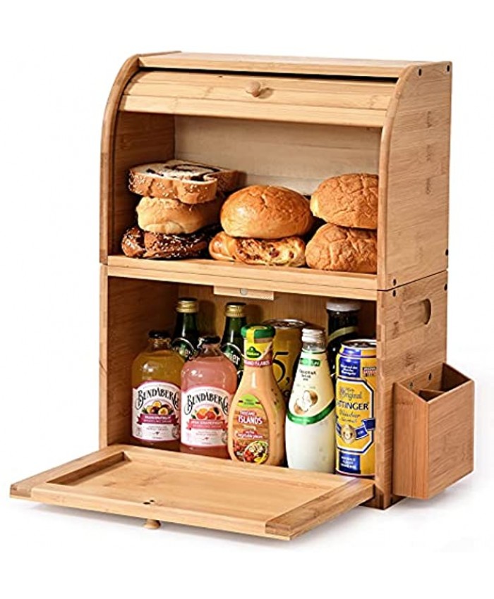 Bamboo Bread Box 2 Layer Bread Storage Boxes for Kitchen Counter Large Capacity Bread Keeper Roll Top Bread Bin,Removable Layer,with Silverware Basket 14.96 x 9.8 x19.6 Self-Assembly