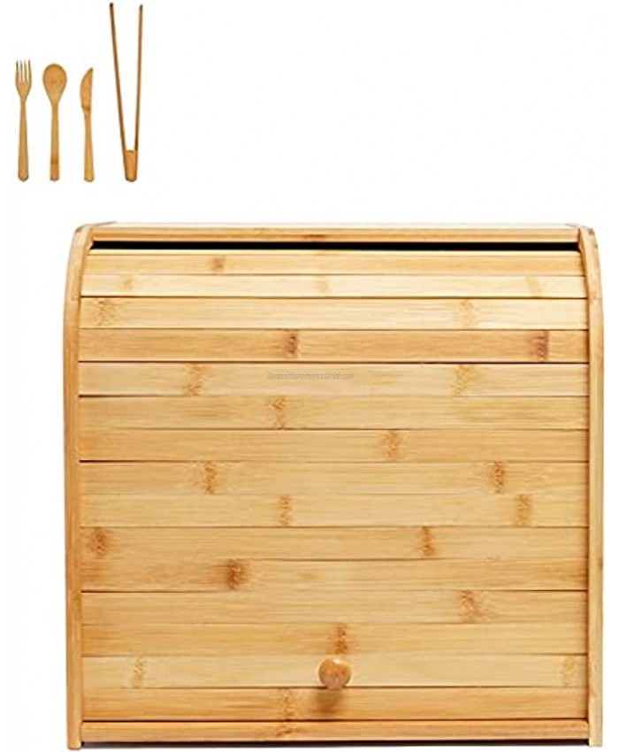 Bamboo Bread Box for Kitchen Countertop Roll Top 2 Layer Bread Holder Large Capacity Food Storage Bin Bread Storage with Removable Layer and Bamboo tong Cutlery Set