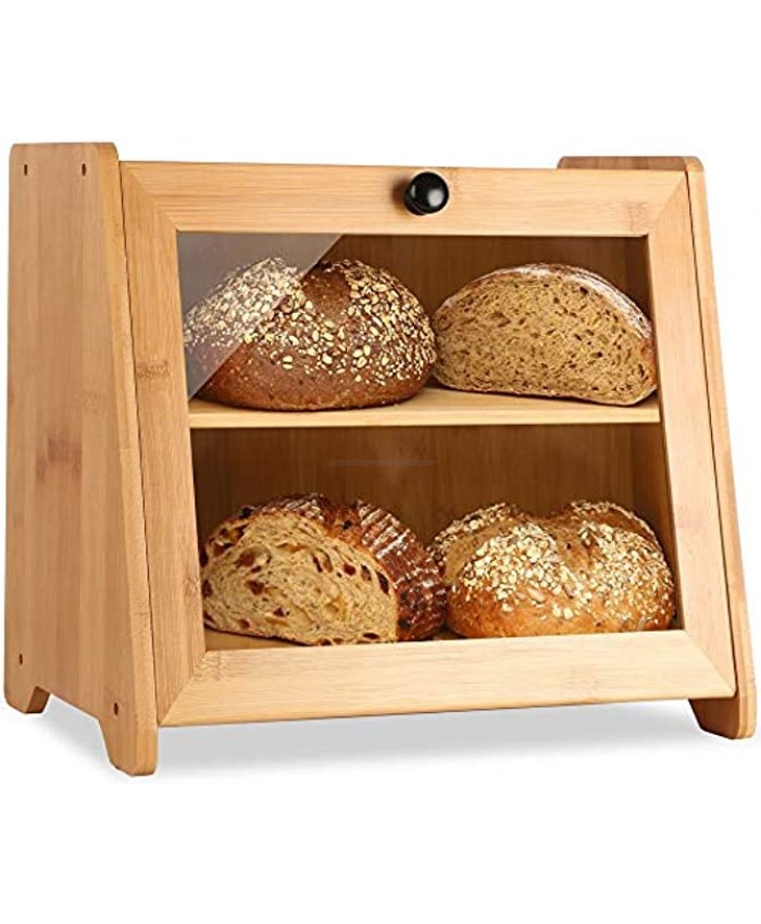 BetterMaison Large Bamboo Bread Box for Kitchen Countertop 2 Layer Wooden Bread Boxes for Kitchen Counter Extra Large Farmhouse Bread Holder with Clear Window and Adjustable Shelf Self-Assembly