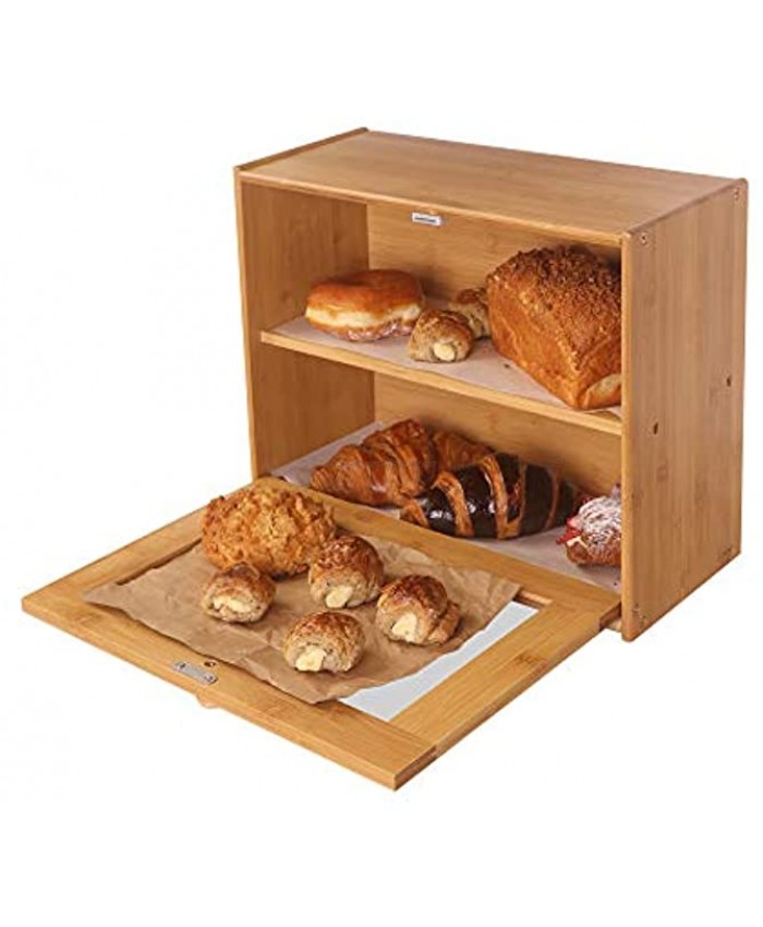 Bread Box 2 Layer Bamboo Bread Boxes Farmhouse Style Bread Holder for Kitchen Countertop Rustic Bread Storage Bin Holds 2 Loaves Assembled