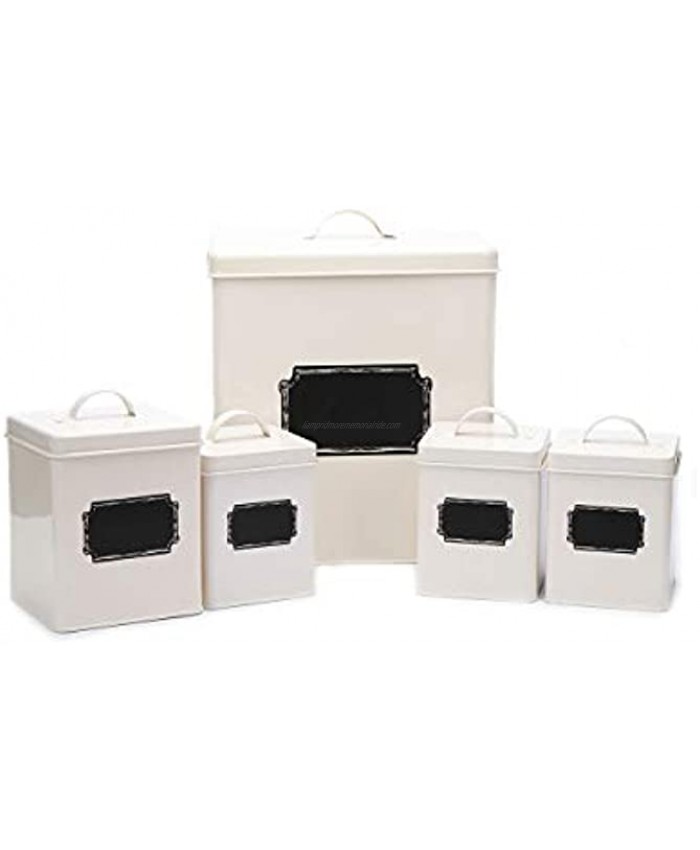 Home By Jackie X321 Cream White Set of 5 Metal Food Tin Canister Bread Bin Container Box Set Cream