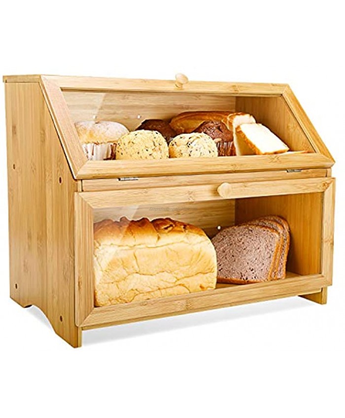 HOMEKOKO Double Layer Large Bread Box for Kitchen Counter Wooden Large Capacity Bread Storage Bin Natural Bamboo