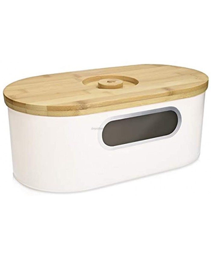 Navaris Metal Bread Box with Lid Cream Color Container with Window and Bamboo Wood Cutting Board Lid Small Tin Holder Kitchen Counter Top White