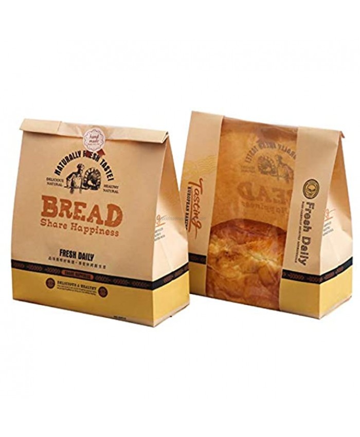 Set of 50pcs Kraft Paper Bread Loaf Bag with Front Window Food Packaging Storage Bakery Bag