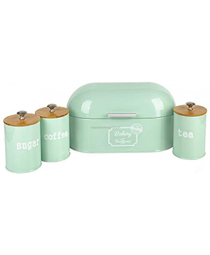 X680L Set of 4 Metal Light Green Vintage Home Kitchen Gifts Tea Coffee Sugar Tin Canister Bread Box Bin Container Holder