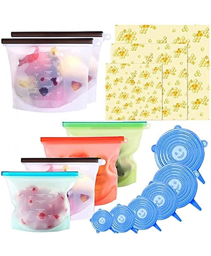 15 Pack Beeswax Wrap & Silicone Food Storage Bag & Silicone Stretch Lids Eco-Friendly Reusable Food Wraps and Covers Airtight Seal Food Preservation Bags for Vegetable Fruit Snack Lunch.