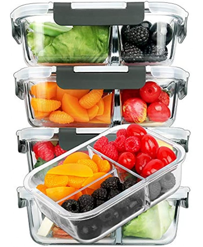[5-Pack 36 oz]Glass Meal Prep Containers 3 Compartment with Lids Glass Lunch Containers,Food Prep Lunch Box,Bento Box,BPA-Free Microwave Oven Freezer Dishwasher 4.5 Cups