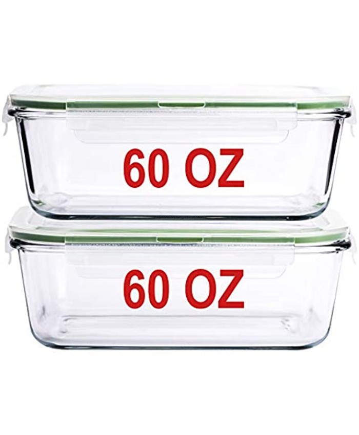 60 OZ LARGE Glass Food Storage Container Baking Dish Set with locking Airtight lids set of 2 Meal Lunch Prep Containers Storing & Serving Food Leakproof Microwave Oven Freezer and Dishwasher Safe