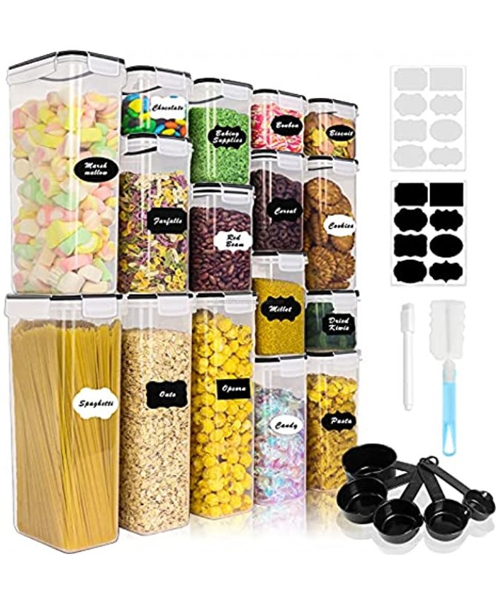 Airtight Food Storage Containers Set 16PCS BPA Free Plastic Dry Food Canisters with Lids Kitchen Pantry Organization Ideal for Organizing Cereal Flour 16 Labels Marker Spoon Set&Clean Brush