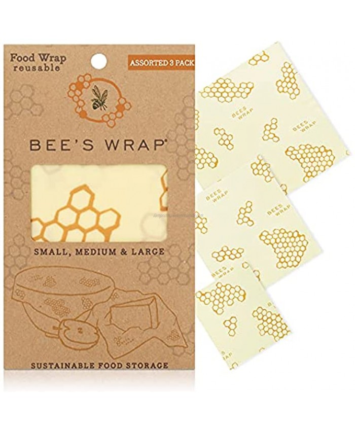 Bee's Wrap Assorted 3 Pack Made in the USA with Certified Organic Cotton Plastic and Silicone Free Reusable Beeswax Food Wraps in 3 Sizes S,M,L