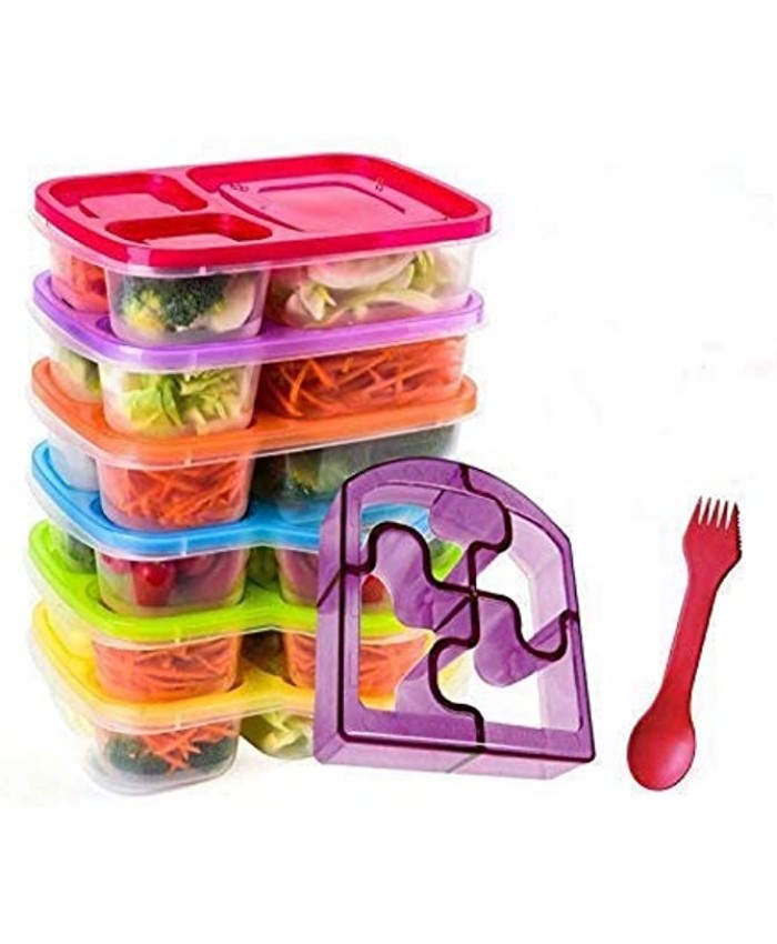 Bento Lunch Box 3 Compartment Food Containers – Set of 6 Storage meal prep–for Adults Toddler Kids Girls and Boys – Free 2-in-1 Fork Spoon & Puzzle Sandwich Cutter -Not recommended for liquid