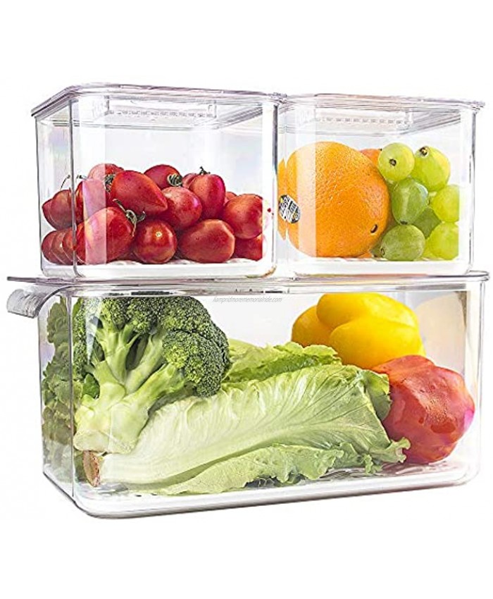 elabo Food Storage Containers Fridge Produce Saver- 3 Piece Set Stackable Refrigerator Organizer Keeper Drawers Bins Baskets with Lids and Removable Drain Tray for Veggie Berry Fruits and Vegetables