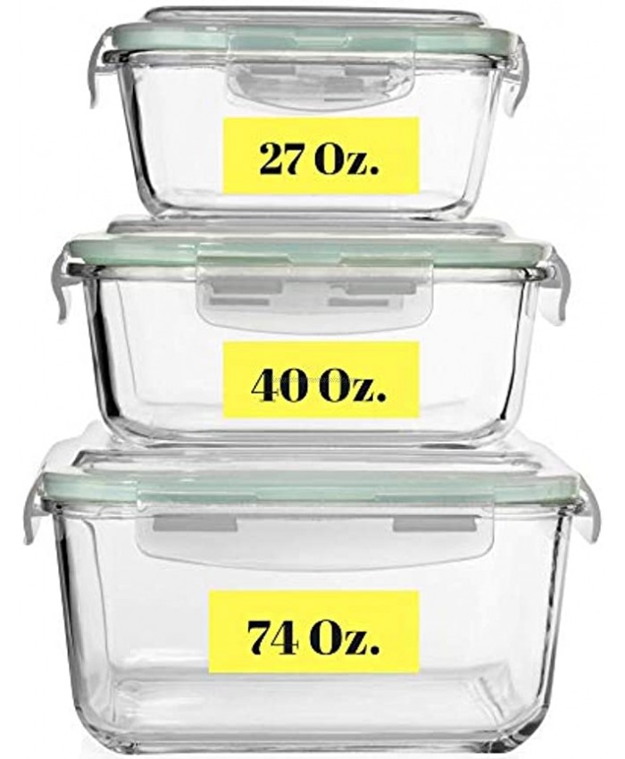 Extra Large Glass Food Storage Containers with Airtight Lid 6 Pc [3 containers with lids] Microwave Oven Freezer & Dishwasher Safe. BPA PVC Free X-Large Large Medium Size Reusable Square container set