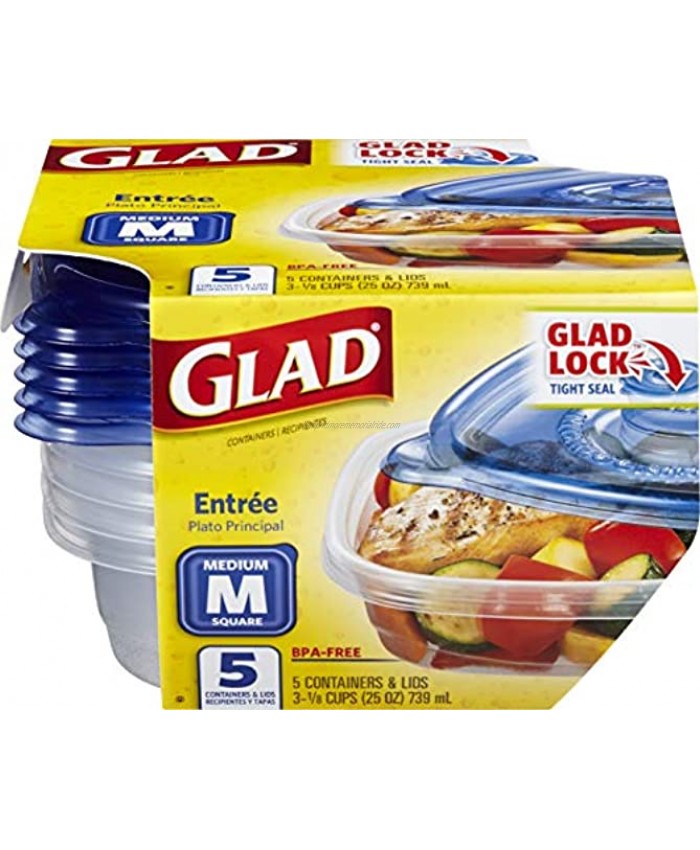 Glad Medium Square Food Storage Containers for Everyday Use | Medium Square Food Storage Containers Hold up to 25 Ounces of Food 25 Oz |5 Count Standard Food Containers