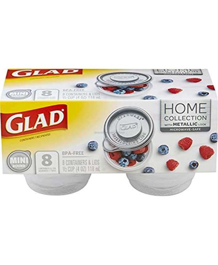 GladWare Home Mini Round Food Storage Containers Small Food Containers Hold 4 Ounces of Food 8 Count Set | With Glad Lock Tight Seal BPA Free Containers and Lids