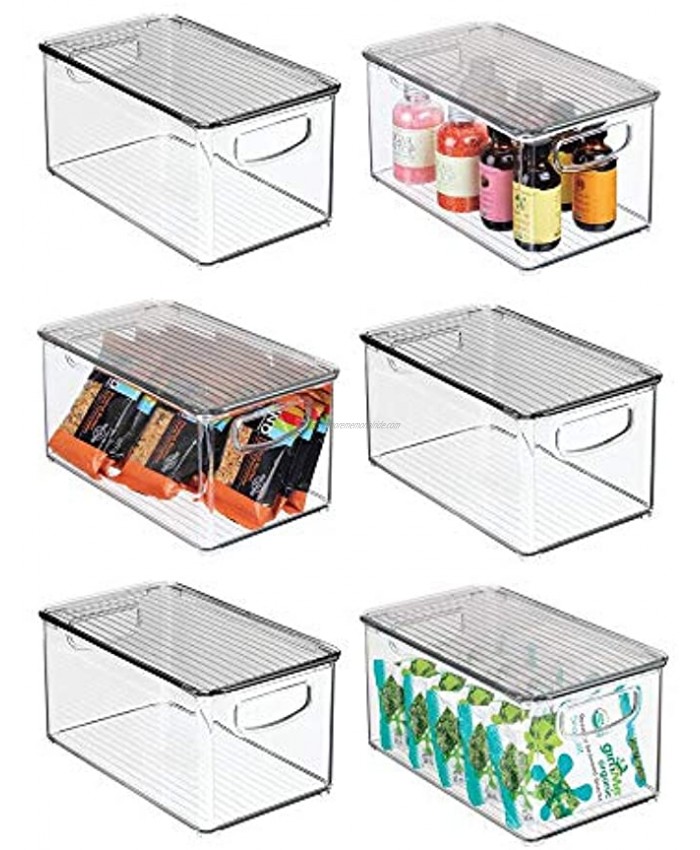 mDesign Plastic Stackable Kitchen Pantry Cabinet Refrigerator Freezer Food Storage Box with Handles Lid Organization for Fruit Snacks Pasta 10 Long 6 Pack Clear Smoke Gray