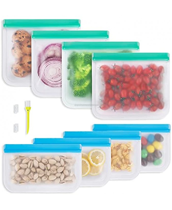 Reusable Food Storage Bags 8 Pack Reusable Freezer Bags 4 Leakproof Reusable Sandwich Bags 4 Reusable Snack Bags Silicone and Plastic Free Reusable Ziplock Bags for Veggies Fruit Meat Lunch