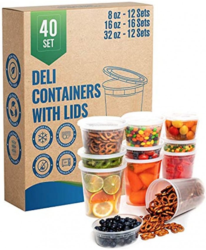 Safeware 8 16 32 Oz [40 Sets] Deli Plastic Food Containers with Airtight Lids Leakproof Slime Small Combo Pack [Reusable Storage Disposable Meal Prep Soup Microwaveable & Freezer Safe]