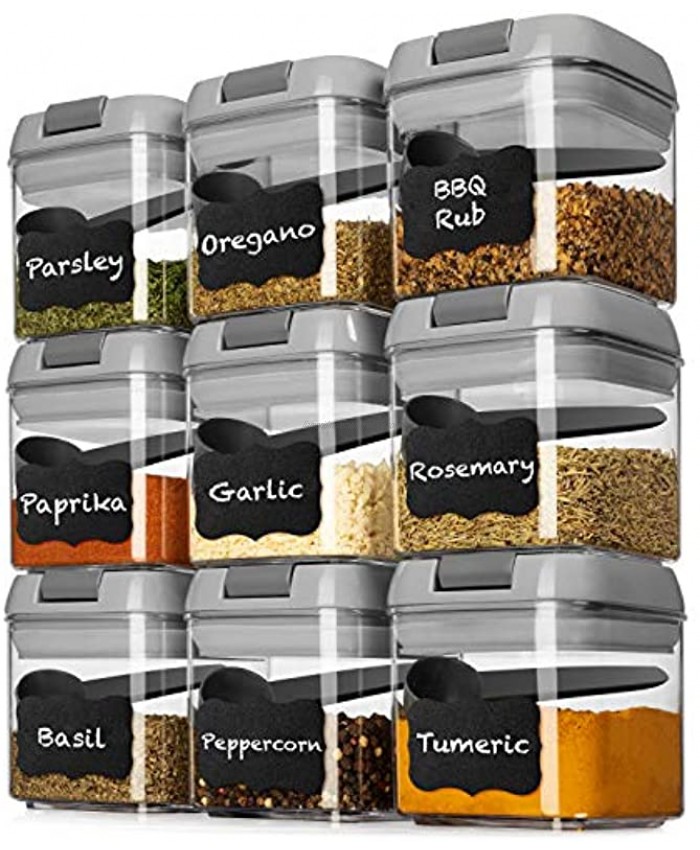 Shazo Airtight 9 Pc Mini Container Set + 9 Spoons Labels & Marker Durable Clear Plastic Food Storage Containers with Lids Kitchen Cabinet Pantry Containers for Spices Herbs Coffee Tea etc GRAY